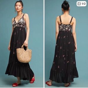 Ranna Gill Black Maxi Dress with Multicolor Floral Embroidery